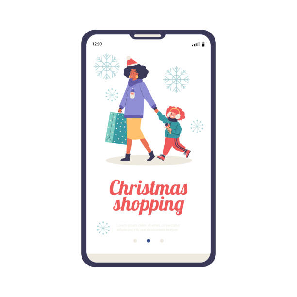 ilustrações de stock, clip art, desenhos animados e ícones de christmas shopping onboarding mobile app page flat vector illustration. - christmas shopping store retail