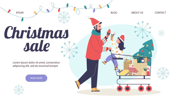 сайт рождественской праздничной распродажи с отцом и ребенком, плоская векторная иллюстрация. - christmas shopping store retail stock illustrations
