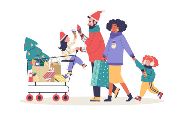 ilustrações de stock, clip art, desenhos animados e ícones de christmas shopping and family recreation, flat vector illustration isolated. - christmas shopping store retail