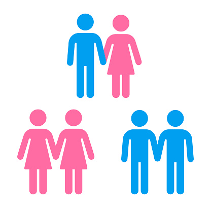 Heterosexual and same sex couple. Blue male and pink female figures holding hands. Simple people icons, vector symbol set.