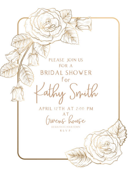 ilustraciones, imágenes clip art, dibujos animados e iconos de stock de plantilla de invitación a golden botanical roses bridal shower - invitación de boda