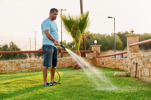 Watering the garden with a hose, copy space