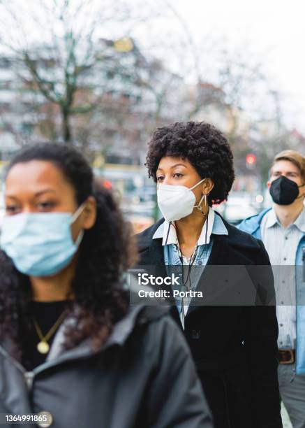 People Standing At Temperature Checkpoint Line Outside Office Stock Photo - Download Image Now