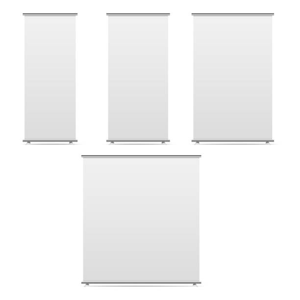 ilustrações de stock, clip art, desenhos animados e ícones de set of empty roll up banners display mockup on isolated white background. vector illustration. - poster window display store window