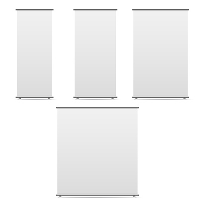 Set of empty roll up banners display mockup on isolated white background. Vector illustration.