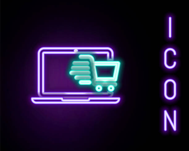 istock Glowing neon line Shopping cart on screen laptop icon isolated on black background. Concept e-commerce, e-business, online business marketing. Colorful outline concept. Vector 1364993487