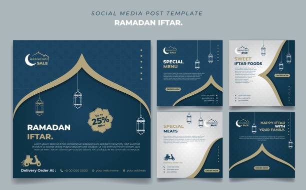 Set social media post template in Blue and white background design. Iftar mean is breakfasting and marhaban mean is welcome. Set of square social media post template in Blue and white background design. Iftar mean is breakfasting and marhaban mean is welcome. social media template with islamic background design wild posting ad stock illustrations