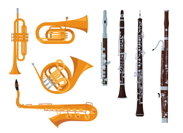 ilustraciones, imágenes clip art, dibujos animados e iconos de stock de conjunto de instrumentos musicales orquestales clásicos de viento aislados - wind instrument