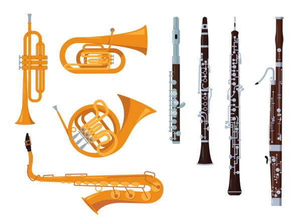 Wind classical orchestral musical instrument set isolated Wind classical orchestral musical instrument set. Saxophone and French Horn, Trumpet and Tuba, Flute and Bassoon, Clarinet and oboe. Vector illustration in flat cartoon style isolated on white. wind instrument stock illustrations