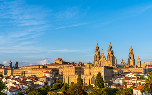 panoramic view of the cathedral of Santiago de Compostela in Spain - golden hour\