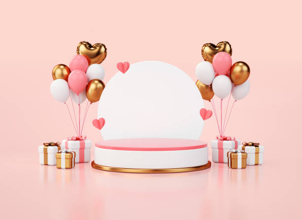 valentines day podium platform for greeting card or banner in 3d rendering. pedestal for flyer template or product presentation with valentine"u2019s concept. gifts and balloons in pink and gold colors - february three dimensional shape heart shape greeting imagens e fotografias de stock