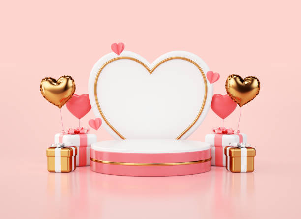 valentines day pedestal platform for banner or card background in 3d rendering. podium for flyer template or product presentation with valentine"u2019s concept. gifts and balloons in pink and gold colors - february three dimensional shape heart shape greeting imagens e fotografias de stock