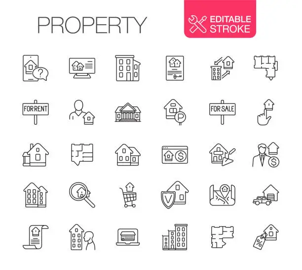 Vector illustration of Property, Real Estate Icons Set Editable stroke