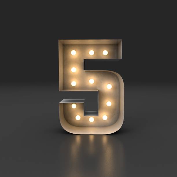 istock 3D Render. Reflected white retro box letter daylight flement bulb illuminated number five concept on black background. 1364994995