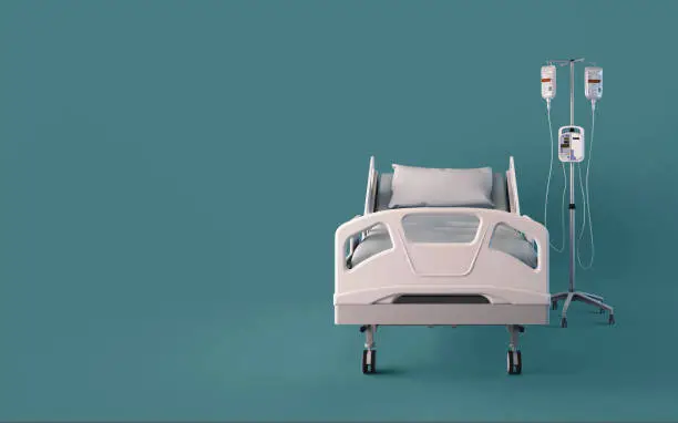 Photo of Front view of hospital bed isolated on blue background.Concept for insurance.3d rendering