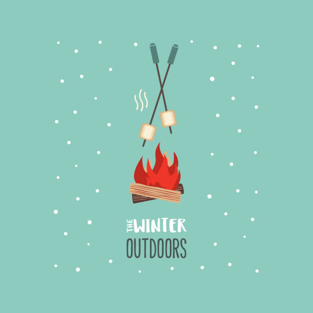 Winter outdoors fun flat simple vector icon Warm cozy smores station welcome sign flat vector icon. Marshmallow roast cartoon. Campfire fun treat background. Outdoors fun picnic invitation template. Winter season holiday leisure illustration backyard background stock illustrations