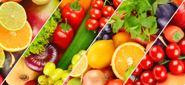 istock Fruits and vegetables background. skinali. Wide photo. Collage. 1364998611