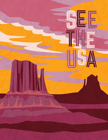USA travel poster design template. Southwest desert scene of buttes and dramatic sunset. Gradient free vector illustration.