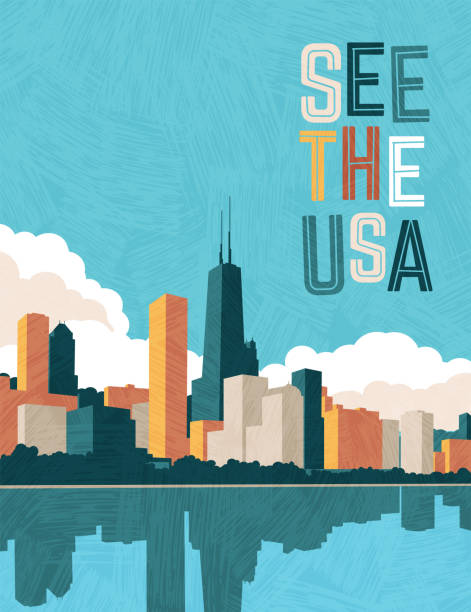 ilustraciones, imágenes clip art, dibujos animados e iconos de stock de plantilla de diseño de póster de viaje de ee. uu. horizonte de chicago en el lago michigan. - chicago
