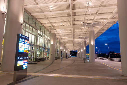 Seattle, USA - September 11, 2021. Night view of the rental car hub  in Seattle Tacoma International Airport, Seattle, USA