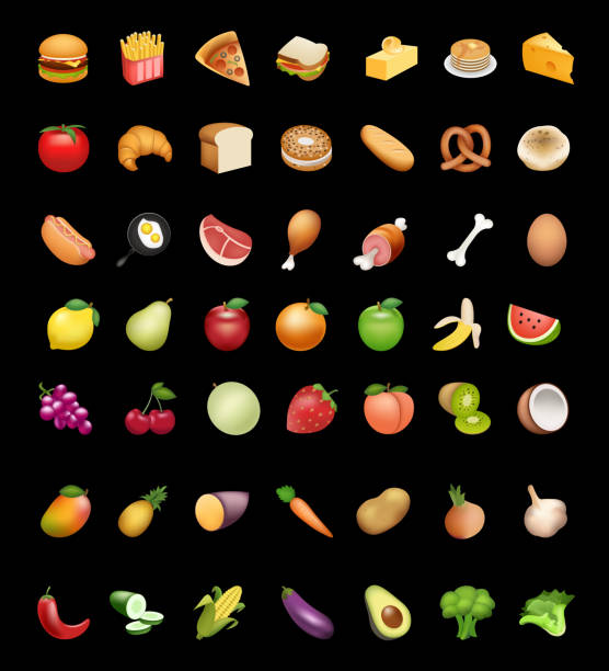 ilustraciones, imágenes clip art, dibujos animados e iconos de stock de conjunto de ilustraciones de emojis vectoriales de alimentos y frutas - emoticono ilustraciones