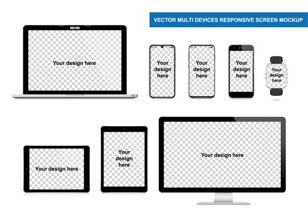 Realistic Vector computer and mobile devices on transparent background_02 Realistic Vector Mockup Digital Tablet, Smartwatch, Smartphone, Laptop and Computer Monitor. EPS10 Vector with layers (removeable) and 300 dpi hi-res jpg. cordless phone stock illustrations