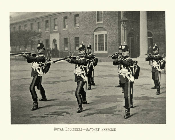 istock Soldiers doing bayonet exercise, British army Royal Engineers, Military uniform, Victorian 19th Century 1365009033