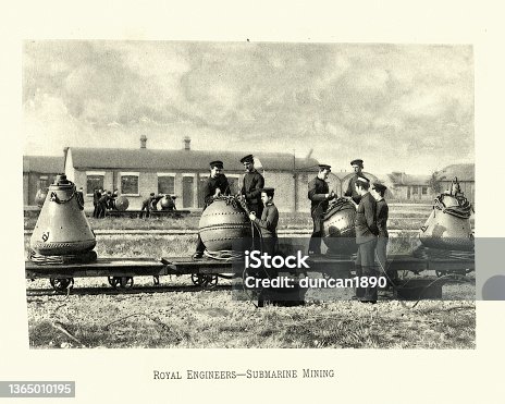 istock British army Royal Engineers, Using sea naval mines, Victorian military weapons 19th Century 1365010195