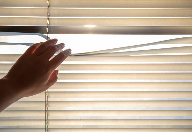 istock Woman's hand taking a peak through the window blinds. 1365010816