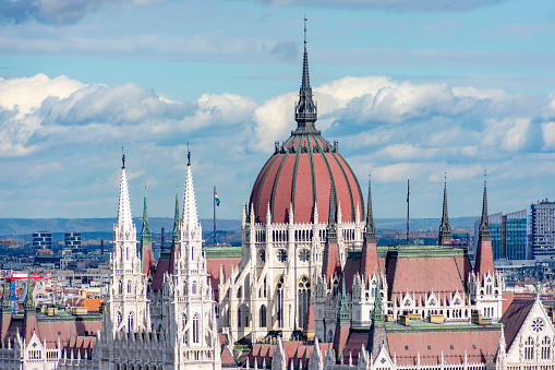 Dome and towers of Hungarian parliament building in Budapest, Hungary