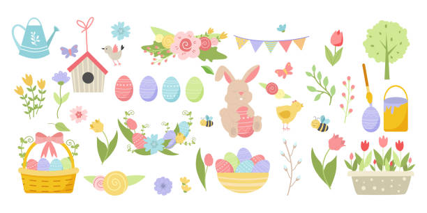 かわいい卵、鳥、ミツバチ、蝶とイースター春の大きなセット。手描きの平らな漫画の要素。ベクトルの図 - birdhouse点のイラスト素材／クリップアート素材／マンガ素材／アイコン素材