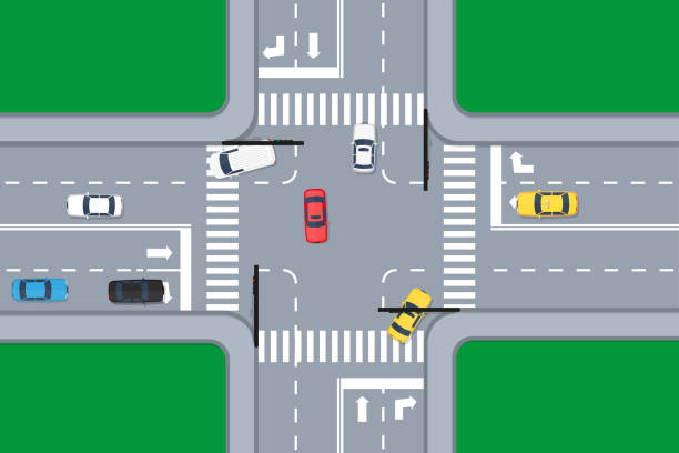 ilustrações de stock, clip art, desenhos animados e ícones de crossroads with cars - road top view