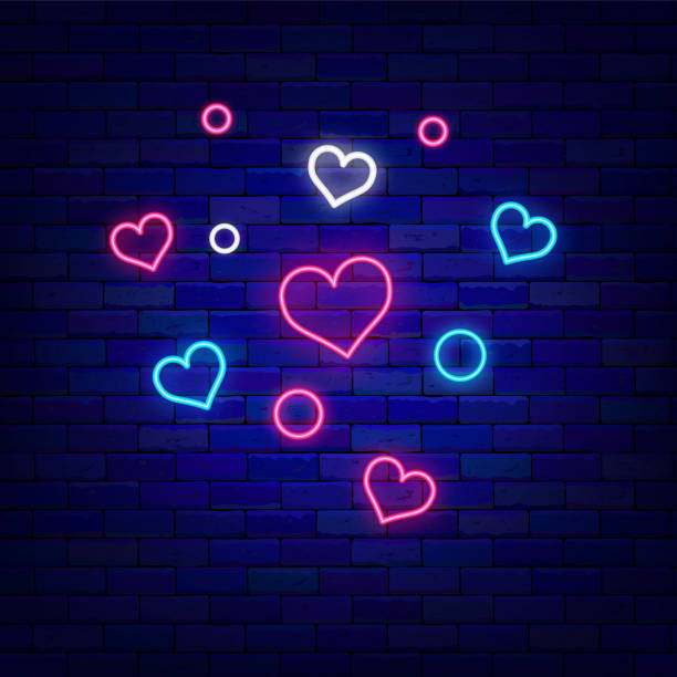 Shiny confetti with heart shapes neon sign. Happy Valentines day celebration. Outer glowing poster. Vector illustration Shiny confetti with heart shapes neon sign. Happy Valentines day celebration. Outer glowing poster. Holiday design on brick wall. Editable stroke. Vector stock illustration neon lighting illustrations stock illustrations