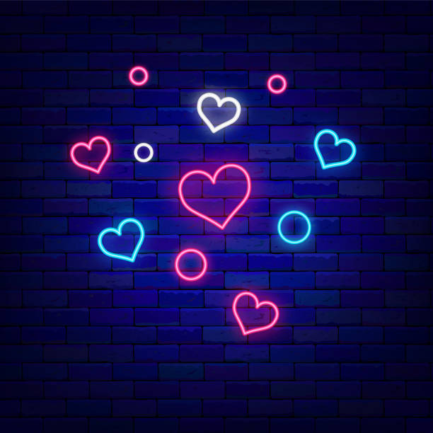 shiny confetti with heart shapes neon sign. happy valentines day celebration. outer glowing poster. vector illustration - 霓虹燈 插圖 幅插畫檔、美工圖案、卡通及圖標