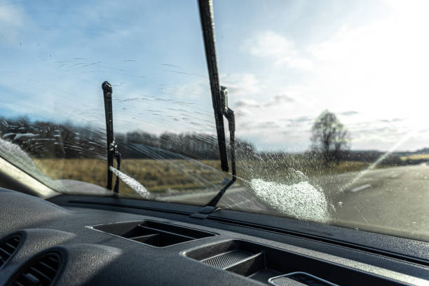 istock Car wipers clean windshields when driving in sunny weather. 1365012990