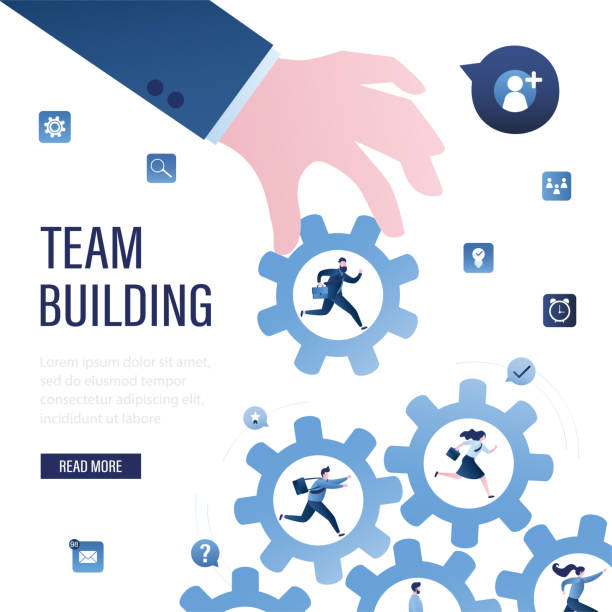 Team building concept. Big boss hand adds new employee. Various employees run in giant gears. Teamwork, interaction in company. Tiny business people. Team building concept. Big boss hand adds new employee. Various employees run in giant gears. Teamwork, interaction in company. Tiny business people. Part of huge mechanism. Human resource. Vector gender equality at work stock illustrations