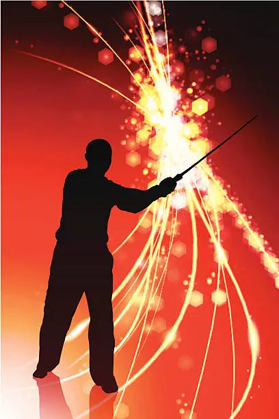 Vector illustration of Karate Sensei with Sword on Abstract Light Background