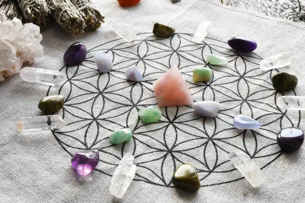 A close up image of a crystal healing grid using sacred geometry and a variety of healing crystals.