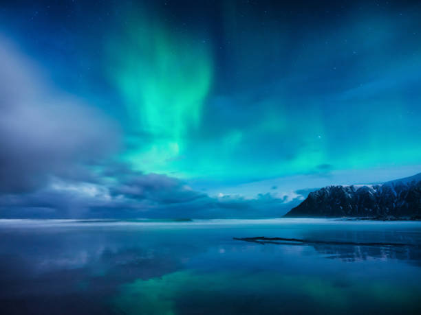 aurora boreale. spiaggia di skagsanden sulle isole lofoten, norvegia. stelle e luce del nord. riflessi sulla superficie dell'acqua. viaggi - immagine - star shape sky star aurora borealis foto e immagini stock