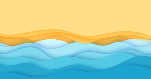 top-ansicht strandhintergrund im papierschnitt-stil. 3d-küste am meer gelbe sandküste und blaue meereswellen im sommer in der papierschnittkunst. vektorkarten-illustrationsausschnitt aus pappe. - water backgrounds blue wave stock-grafiken, -clipart, -cartoons und -symbole
