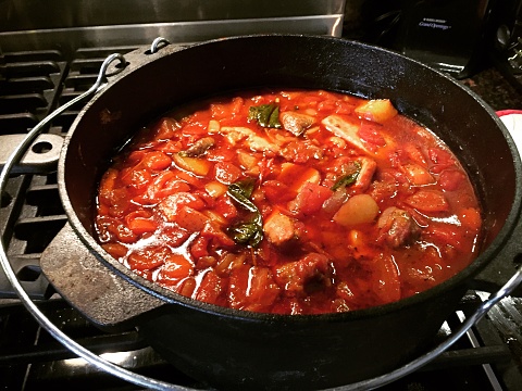 A coastal favorite for cold winters nights featuring hunks of smoked pork, beans and tomatoes