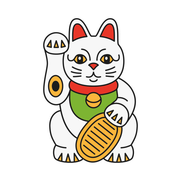 maneki neko katze mit münze. japanisches symbol, das viel glück mit erhobener pfote wünscht. - winkekatze stock-grafiken, -clipart, -cartoons und -symbole