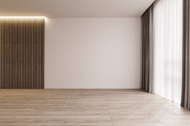 istock Modern interior design empty room mock-up with big window and illuminated wooden slats 1365028475