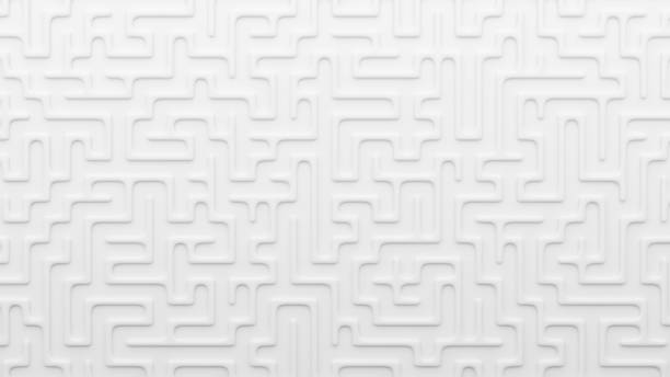 White wall with maze stucco pattern. Labyrinth background. 3D rendered image. 3d render of grey labirynth maze complexity stock pictures, royalty-free photos & images