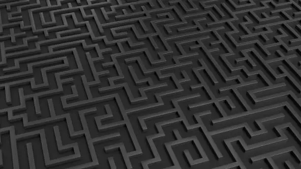 Photo of Black maze. Labyrinth background. 3D rendered image.
