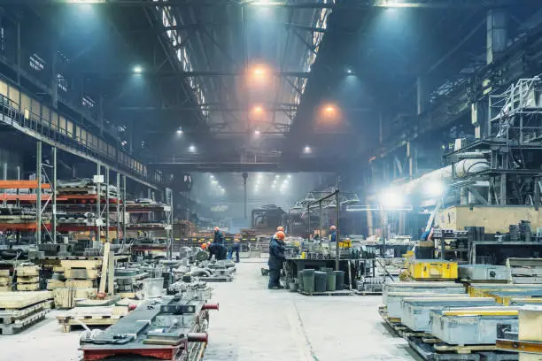 Photo of Interior of metalworking factory workshop hangar. Modern industrial enterprise production