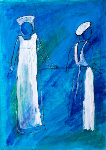 Two nurses in white uniform on a blue wash background
