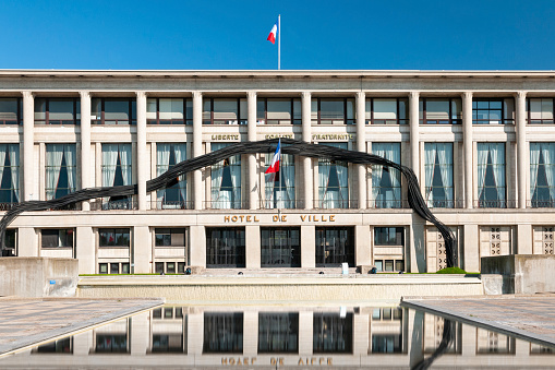 Le Havre city hall facade, in northern France, Seine Maritime in Normandy. It’s one of the emblematic sites of the reconstruction after the Second World War, ans it’s inscribed in UNESCO Wolrd Heritage since 2005. Its port is the second largest in France. September 13, 2020