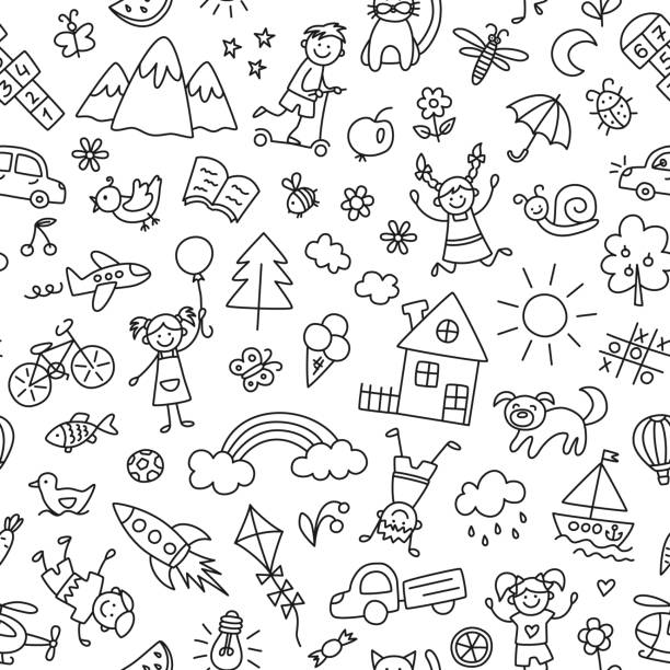 ilustrações de stock, clip art, desenhos animados e ícones de seamless pattern with doodle children, house, sun, rainbow and bike. hand drawn funny little kids play, run and jump. cute children drawing. vector illustration in doodle style on white background - rainbow preschooler baby child