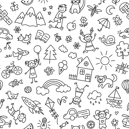 Seamless pattern with doodle children, house, sun, rainbow and bike. Hand drawn funny little kids play, run and jump. Cute children drawing. Vector illustration in doodle style on white background